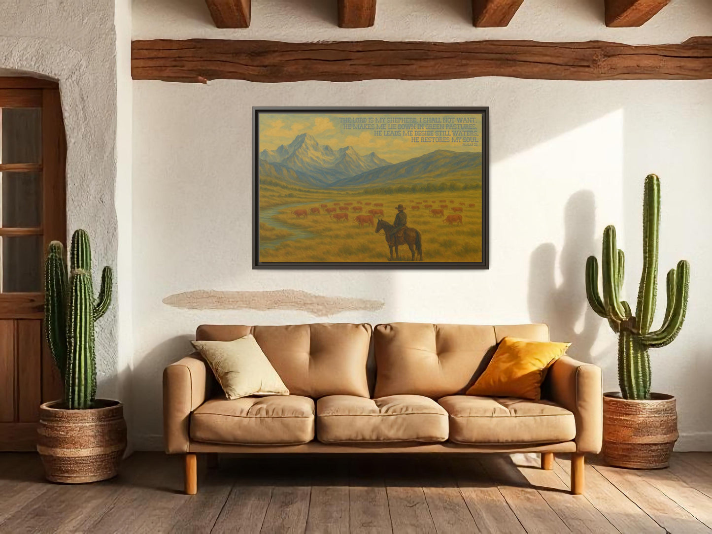 Psalm 23 Western Canvas Painting with Wood Frame - The Lord is My Shepherd Bible Verse with Hereford Cattle and Cowboy on Horse in Mountains