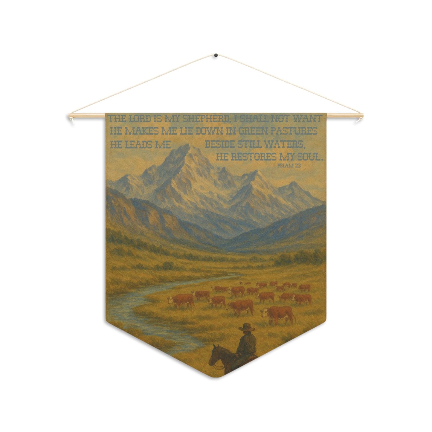 Psalm 23 Western Wall Hanging Tapestry - The Lord is My Shepherd Bible Verse with Hereford Cattle and Cowboy on Horse in Mountains
