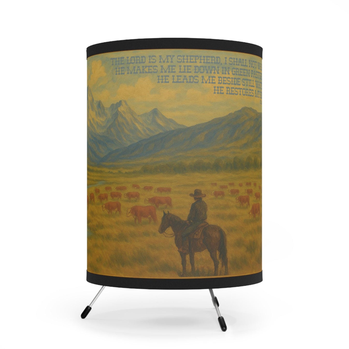 Psalm 23 Western Lamp - The Lord is My Shepherd Bible Verse with Hereford Cattle and Cowboy on Horse in Mountains