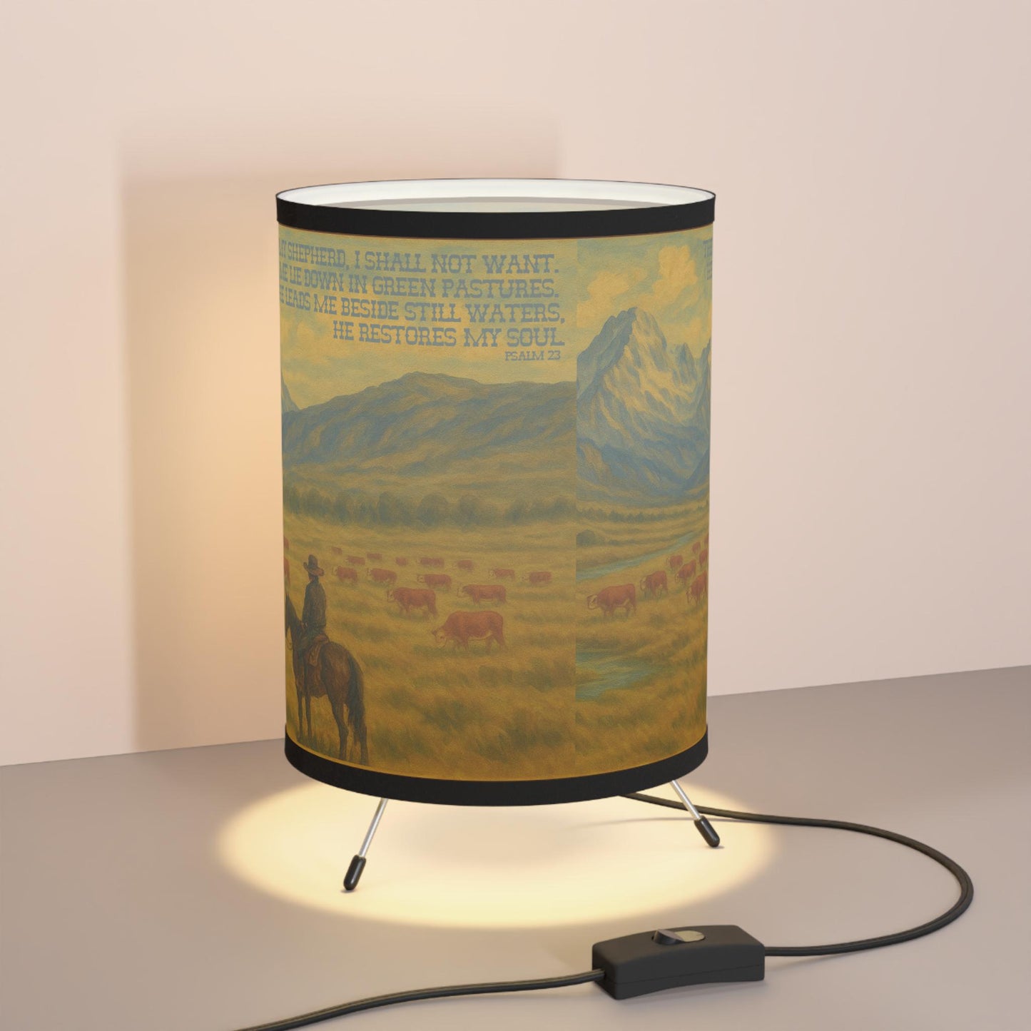 Psalm 23 Western Lamp - The Lord is My Shepherd Bible Verse with Hereford Cattle and Cowboy on Horse in Mountains