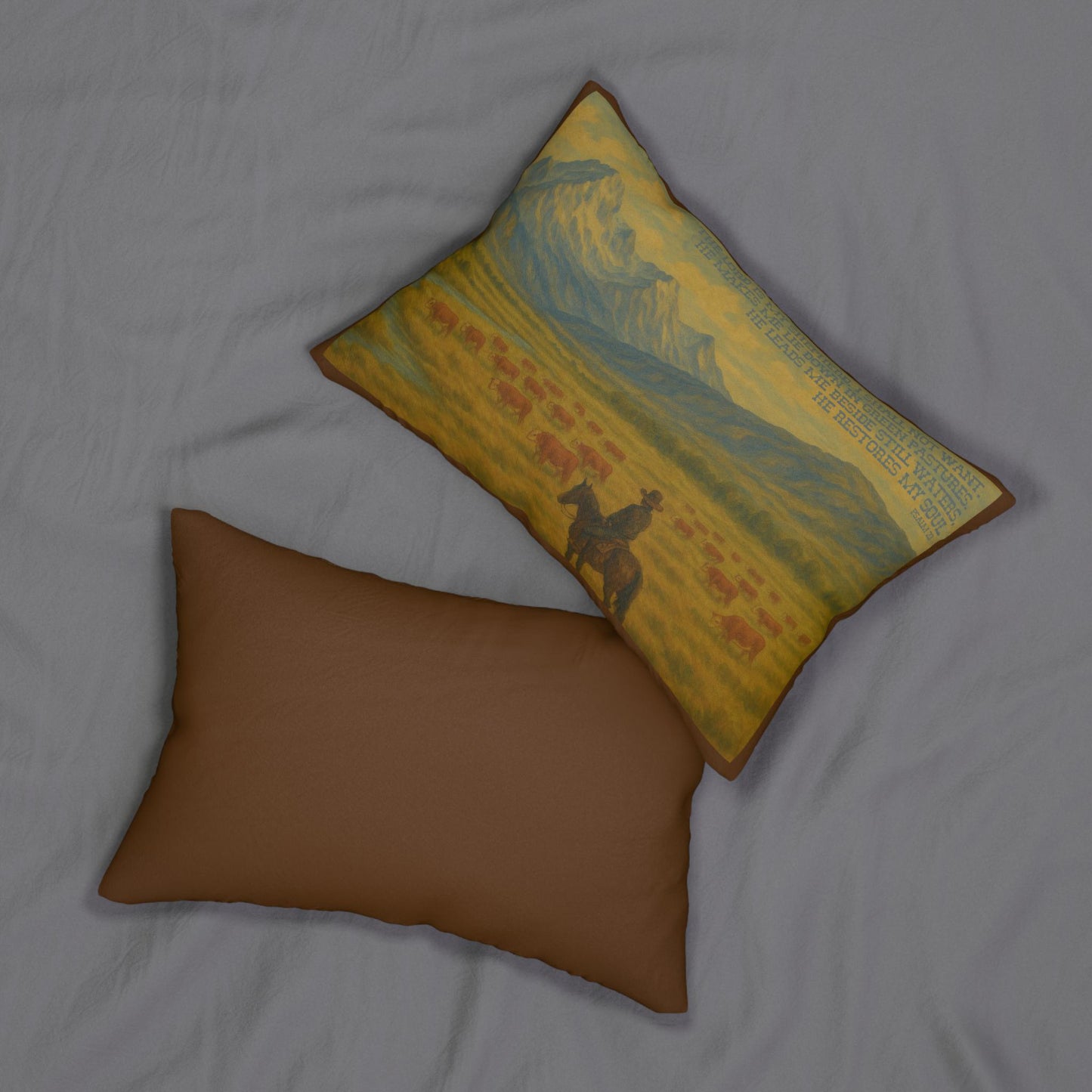 Psalm 23 Western Accent Pillow - The Lord is My Shepherd Bible Verse with Hereford Cattle and Cowboy on Horse in Mountains