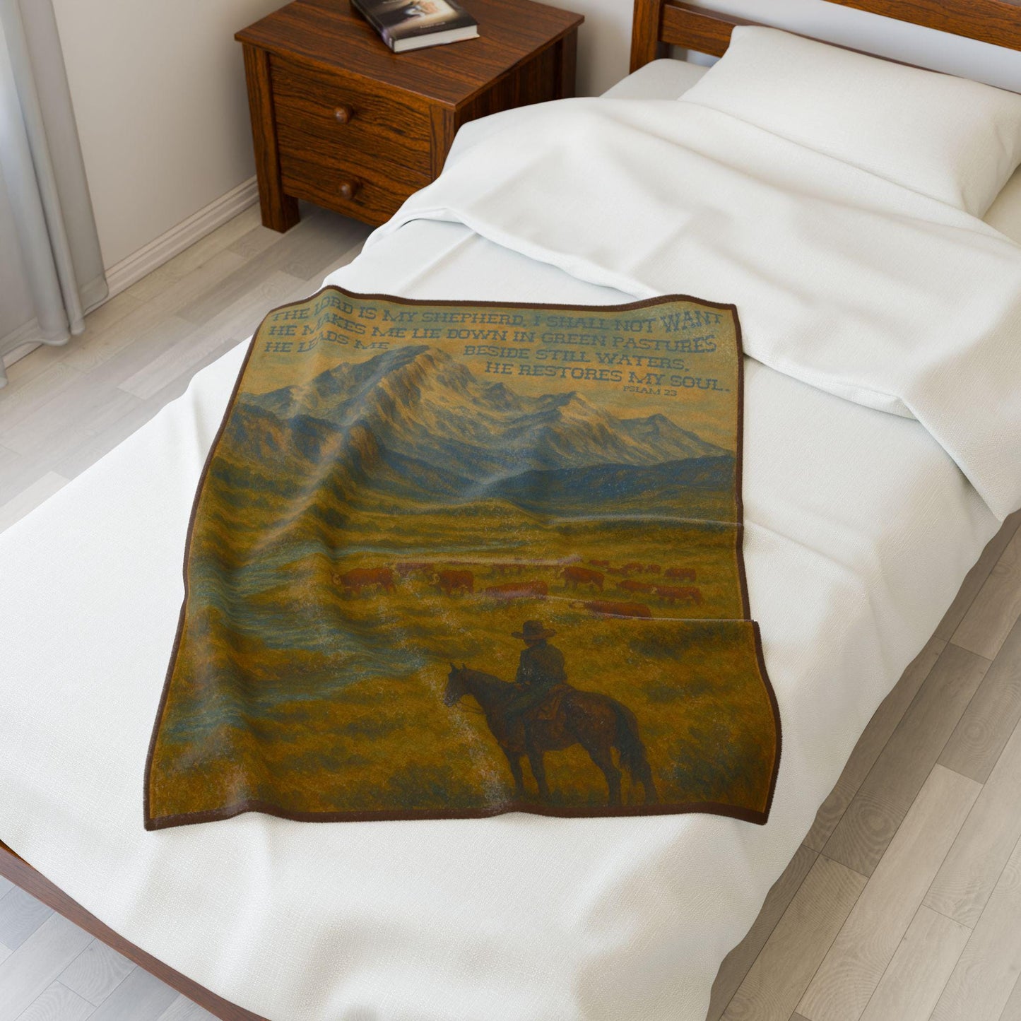 Psalm 23 Western Fleece Throw Blanket - The Lord is My Shepherd Bible Verse with Hereford Cattle and Cowboy on Horse in Mountains