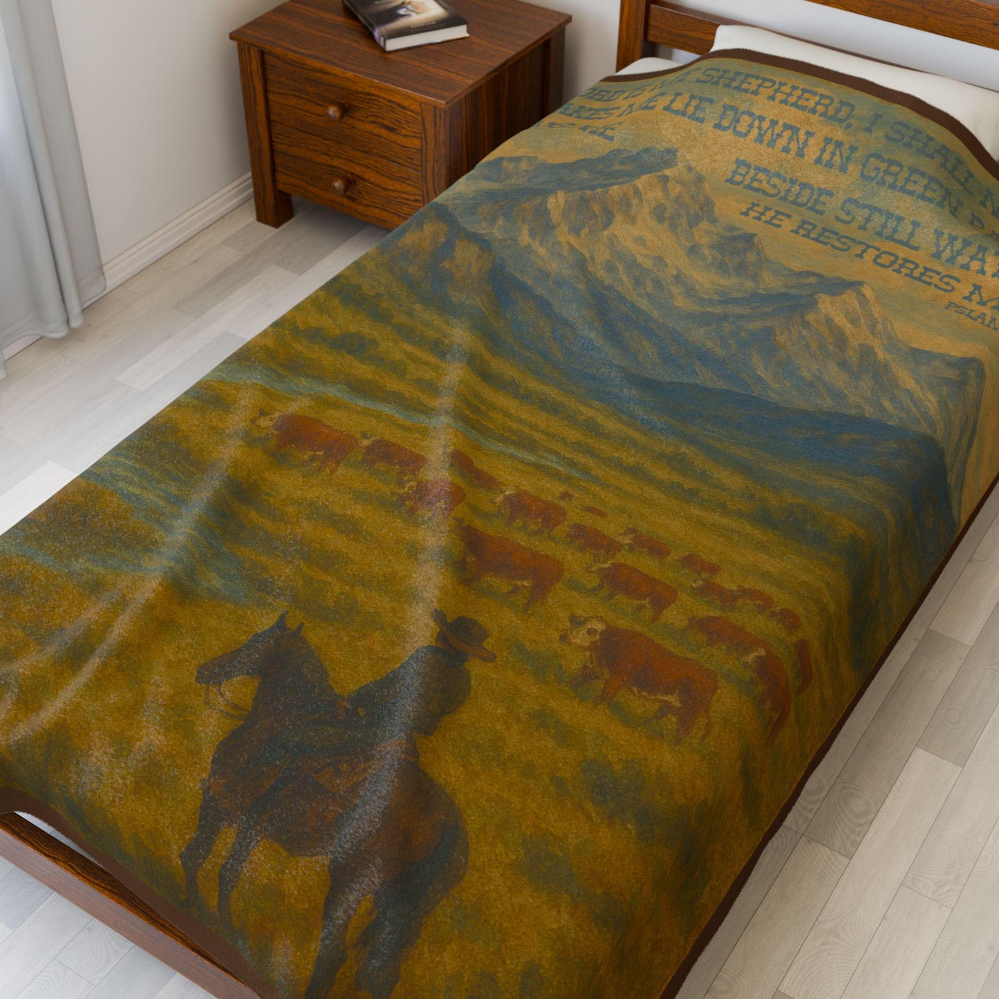 Psalm 23 Western Fleece Throw Blanket - The Lord is My Shepherd Bible Verse with Hereford Cattle and Cowboy on Horse in Mountains