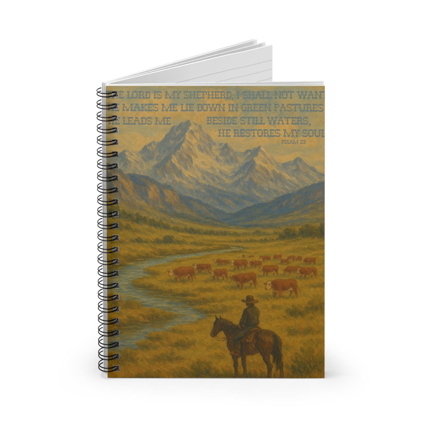 Psalm 23 Western Notebook Journal - The Lord is My Shepherd Bible Verse with Hereford Cattle and Cowboy on Horse in Mountains