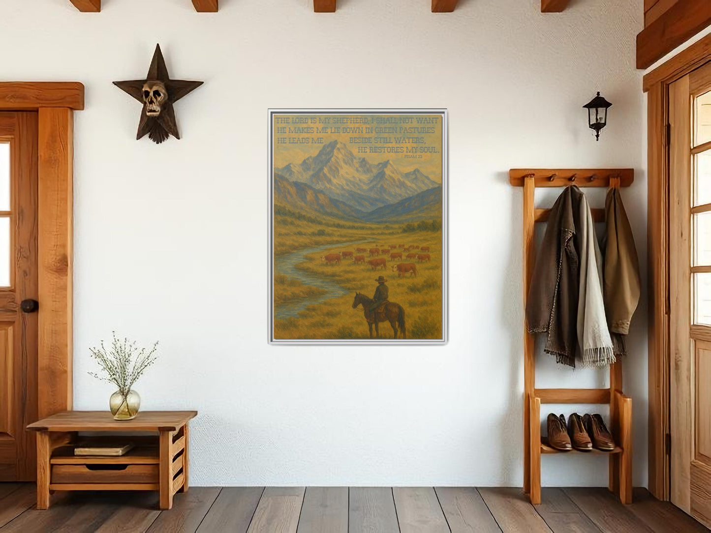 Psalm 23 Western Canvas Painting with Wood Frame - The Lord is My Shepherd Bible Verse with Hereford Cattle and Cowboy on Horse in Mountains