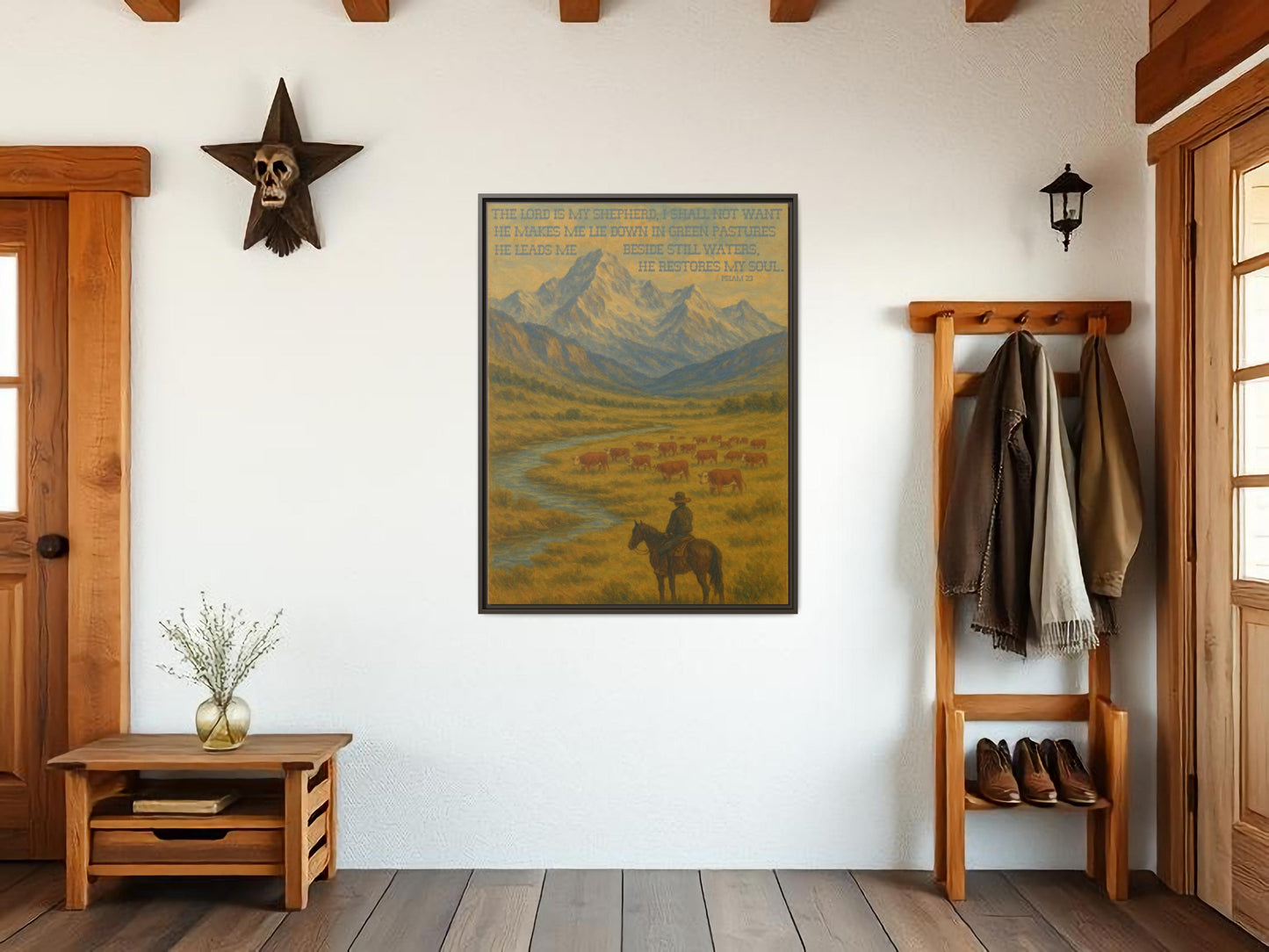 Psalm 23 Western Canvas Painting with Wood Frame - The Lord is My Shepherd Bible Verse with Hereford Cattle and Cowboy on Horse in Mountains