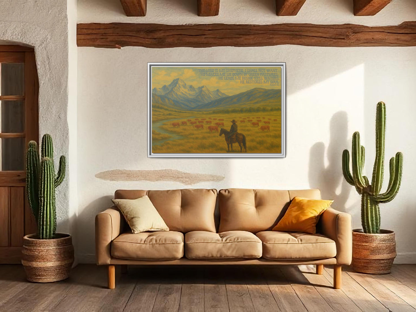 Psalm 23 Western Canvas Painting with Wood Frame - The Lord is My Shepherd Bible Verse with Hereford Cattle and Cowboy on Horse in Mountains