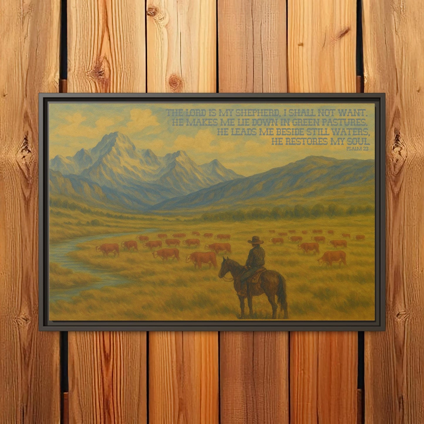 Psalm 23 Western Canvas Painting with Wood Frame - The Lord is My Shepherd Bible Verse with Hereford Cattle and Cowboy on Horse in Mountains