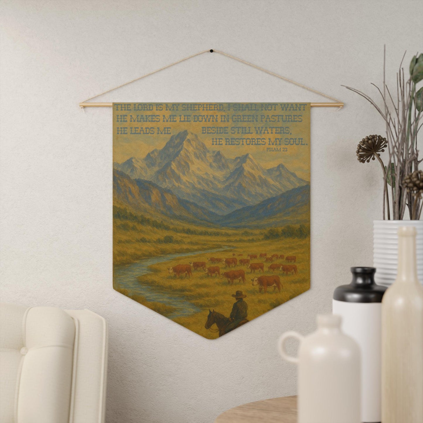 Psalm 23 Western Wall Hanging Tapestry - The Lord is My Shepherd Bible Verse with Hereford Cattle and Cowboy on Horse in Mountains