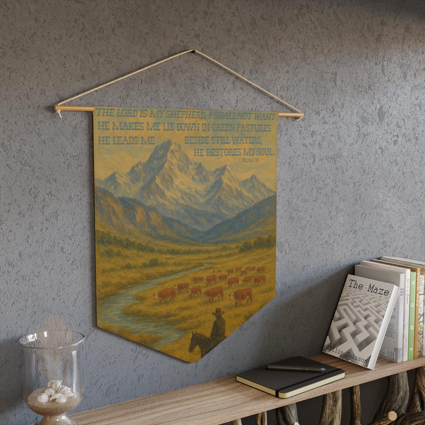 Psalm 23 Western Wall Hanging Tapestry - The Lord is My Shepherd Bible Verse with Hereford Cattle and Cowboy on Horse in Mountains