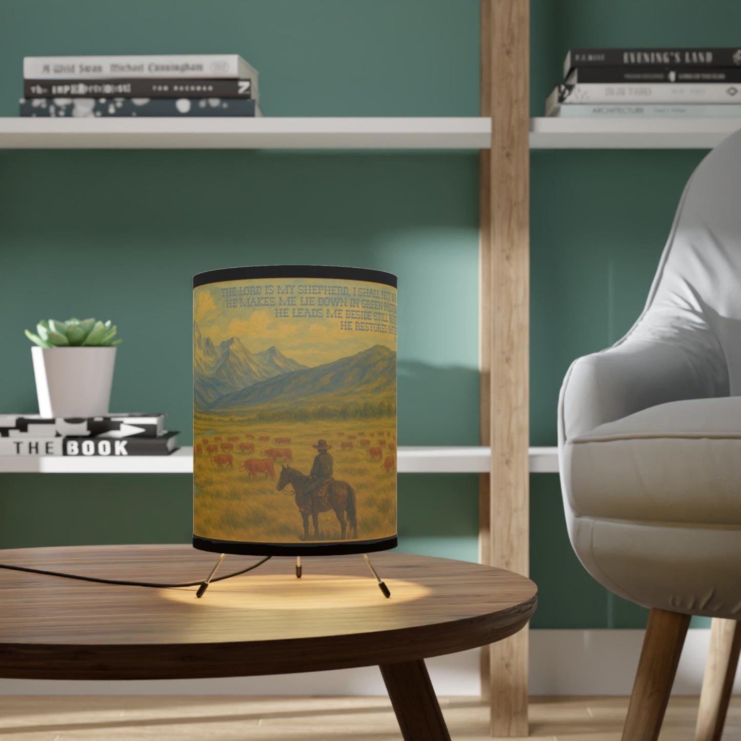 Psalm 23 Western Lamp - The Lord is My Shepherd Bible Verse with Hereford Cattle and Cowboy on Horse in Mountains