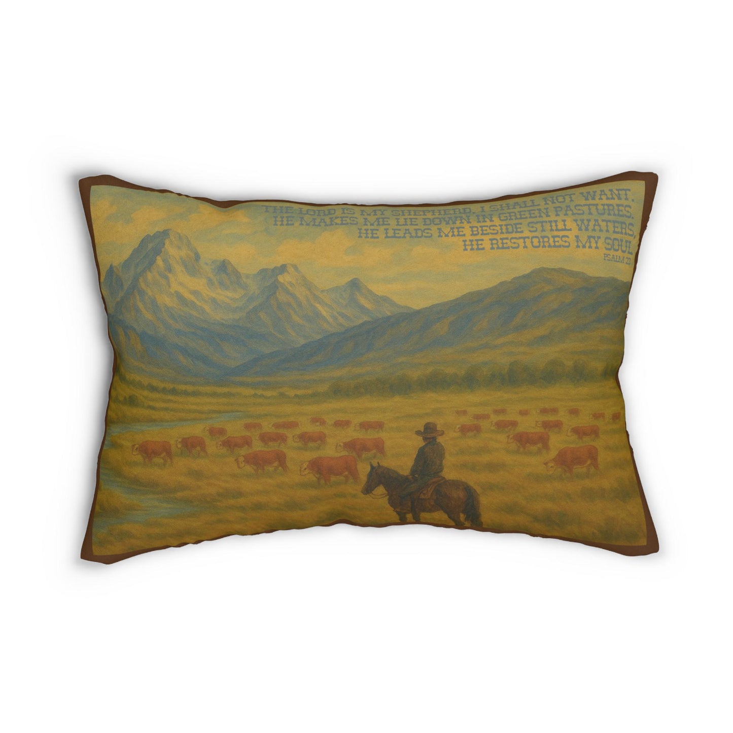 Psalm 23 Western Accent Pillow - The Lord is My Shepherd Bible Verse with Hereford Cattle and Cowboy on Horse in Mountains