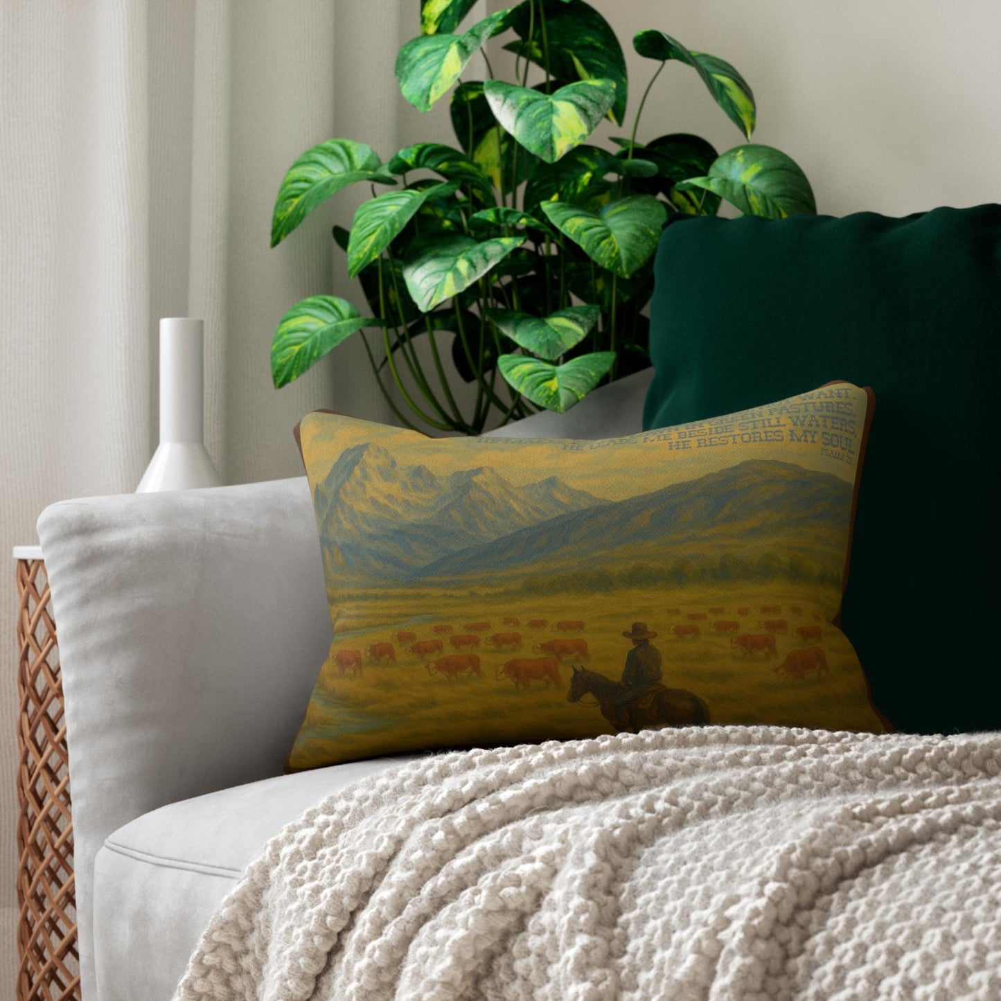 Psalm 23 Western Accent Pillow - The Lord is My Shepherd Bible Verse with Hereford Cattle and Cowboy on Horse in Mountains