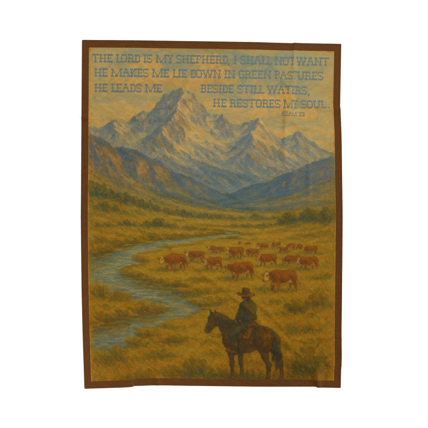 Psalm 23 Western Fleece Throw Blanket - The Lord is My Shepherd Bible Verse with Hereford Cattle and Cowboy on Horse in Mountains
