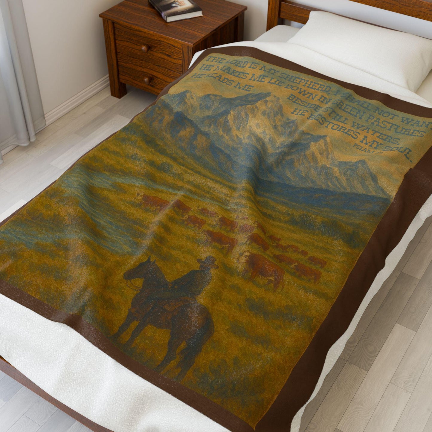 Psalm 23 Western Fleece Throw Blanket - The Lord is My Shepherd Bible Verse with Hereford Cattle and Cowboy on Horse in Mountains
