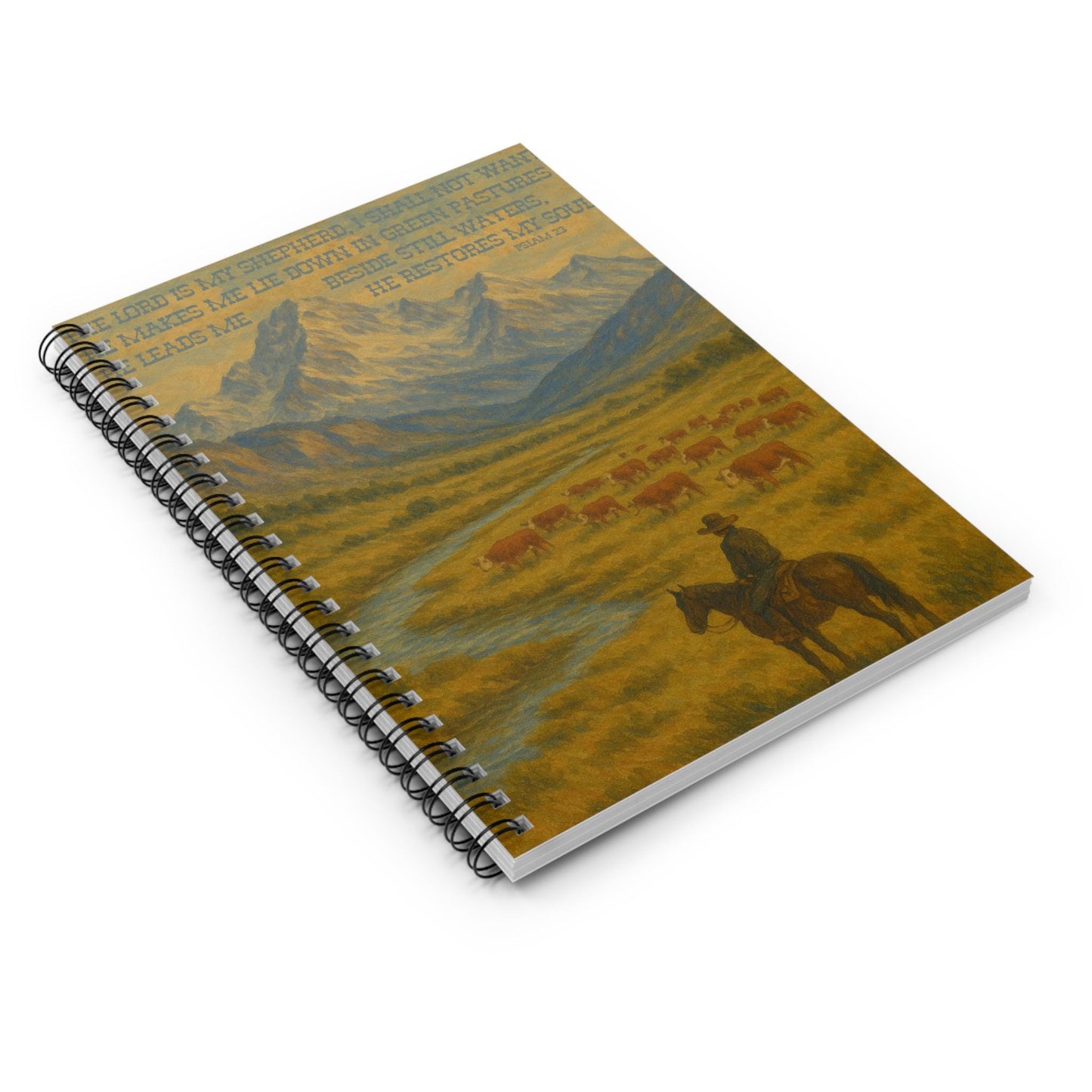 Psalm 23 Western Notebook Journal - The Lord is My Shepherd Bible Verse with Hereford Cattle and Cowboy on Horse in Mountains