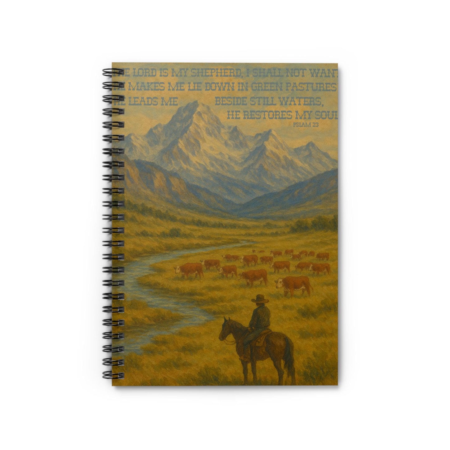 Psalm 23 Western Notebook Journal - The Lord is My Shepherd Bible Verse with Hereford Cattle and Cowboy on Horse in Mountains
