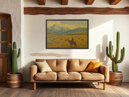 Psalm 23 Western Canvas Painting with Wood Frame - The Lord is My Shepherd Bible Verse with Hereford Cattle and Cowboy on Horse in Mountains