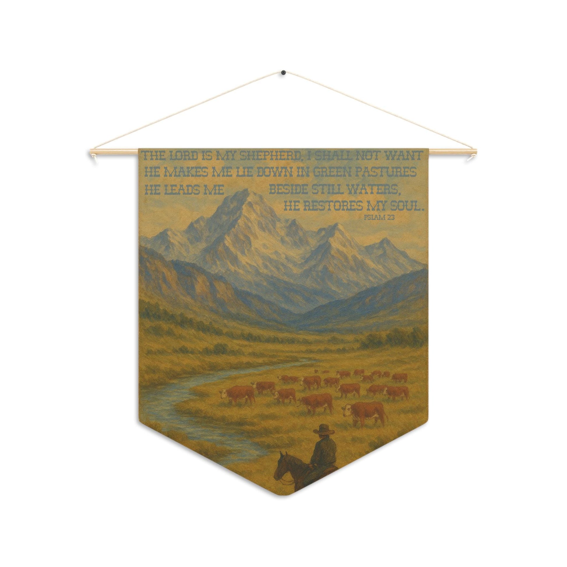 Psalm 23 Western Wall Hanging Tapestry - The Lord is My Shepherd Bible Verse with Hereford Cattle and Cowboy on Horse in Mountains