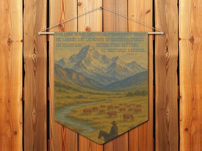 Psalm 23 Western Wall Hanging Tapestry - The Lord is My Shepherd Bible Verse with Hereford Cattle and Cowboy on Horse in Mountains