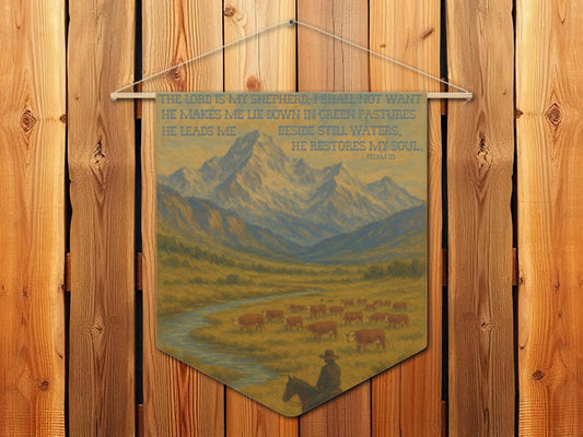 Psalm 23 Western Wall Hanging Tapestry - The Lord is My Shepherd Bible Verse with Hereford Cattle and Cowboy on Horse in Mountains