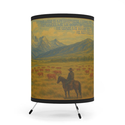 Psalm 23 Western Lamp - The Lord is My Shepherd Bible Verse with Hereford Cattle and Cowboy on Horse in Mountains