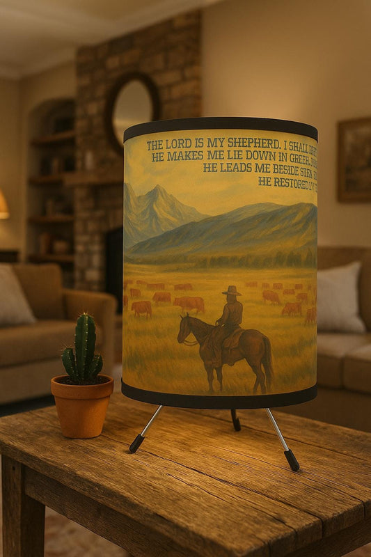Psalm 23 Western Lamp - The Lord is My Shepherd Bible Verse with Hereford Cattle and Cowboy on Horse in Mountains