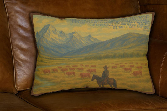 Psalm 23 Western Accent Pillow - The Lord is My Shepherd Bible Verse with Hereford Cattle and Cowboy on Horse in Mountains
