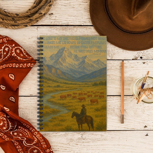 Psalm 23 Western Notebook Journal - The Lord is My Shepherd Bible Verse with Hereford Cattle and Cowboy on Horse in Mountains