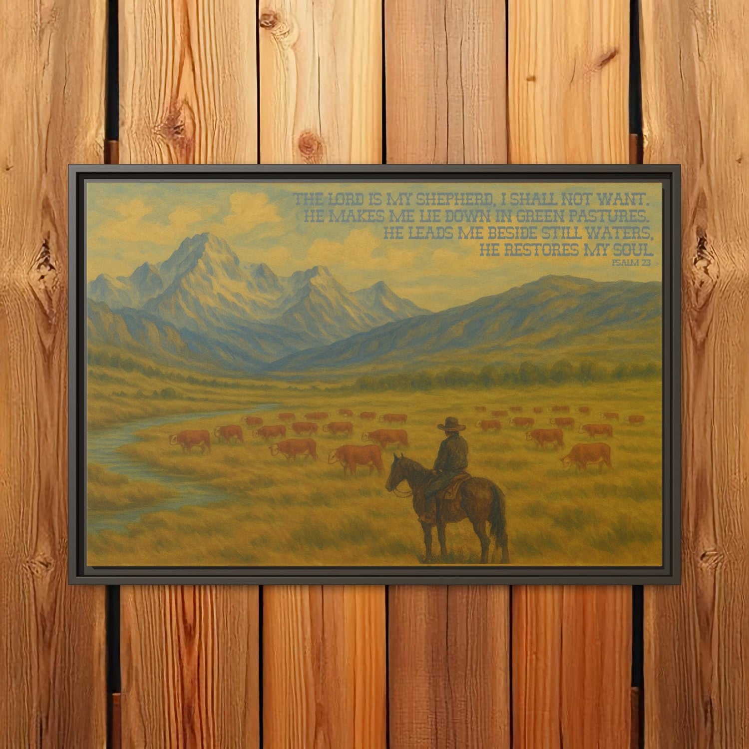 Psalm 23 Western Canvas Painting with Wood Frame - The Lord is My Shepherd Bible Verse with Hereford Cattle and Cowboy on Horse in Mountains