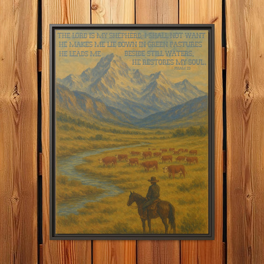 Psalm 23 Western Canvas Painting with Wood Frame - The Lord is My Shepherd Bible Verse with Hereford Cattle and Cowboy on Horse in Mountains