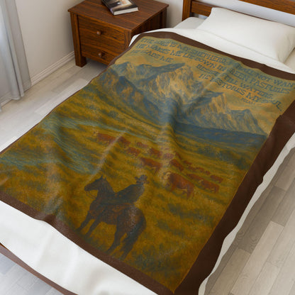 Psalm 23 Western Fleece Throw Blanket - The Lord is My Shepherd Bible Verse with Hereford Cattle and Cowboy on Horse in Mountains