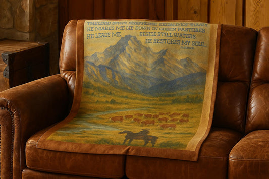 Psalm 23 Western Fleece Throw Blanket - The Lord is My Shepherd Bible Verse with Hereford Cattle and Cowboy on Horse in Mountains